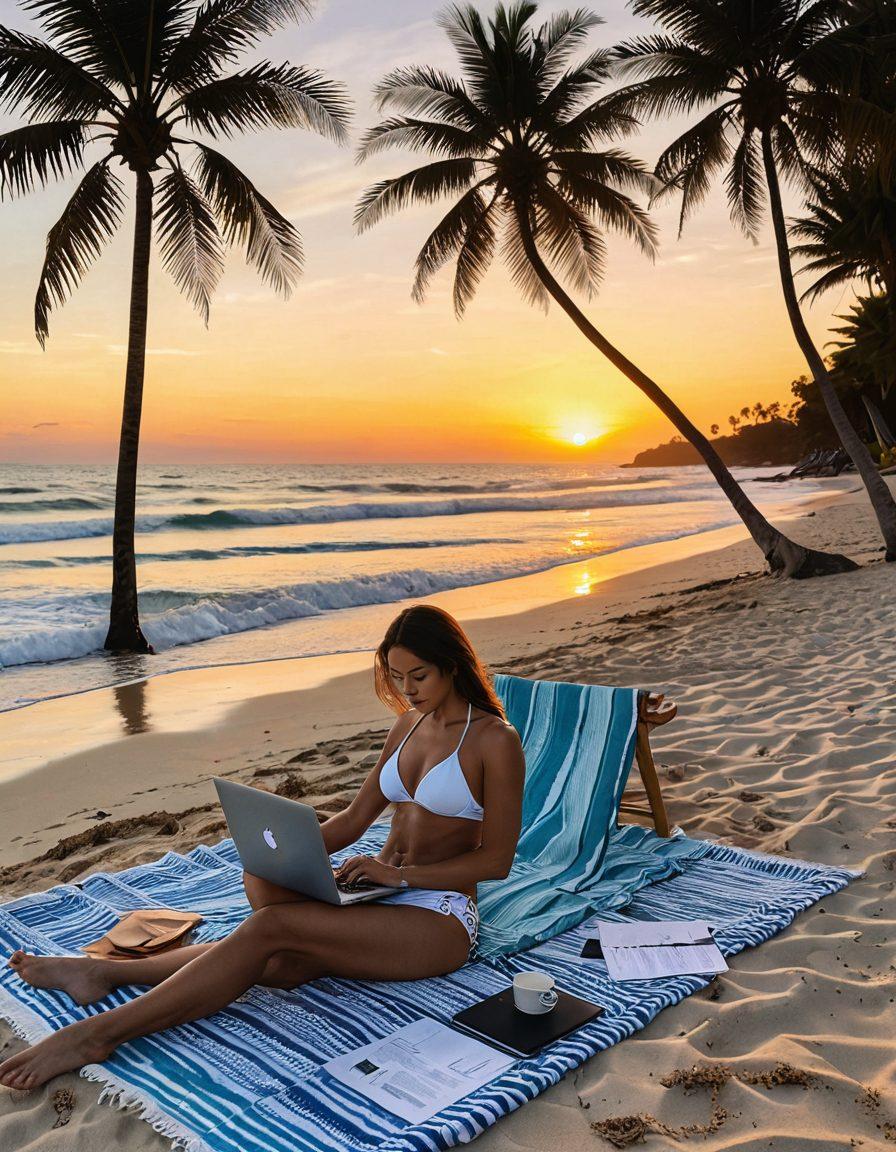 A serene beach scene featuring a woman in a stylish bikini lounging on a colorful beach towel, with a laptop open beside her showcasing a document titled 'Family Medical Leave.' In the background, gentle waves roll onto the shore, and palm trees sway in the breeze, symbolizing relaxation and work-life balance. The sun sets on the horizon, creating a warm, inviting atmosphere. vibrant colors. realistic style. beach vibes.