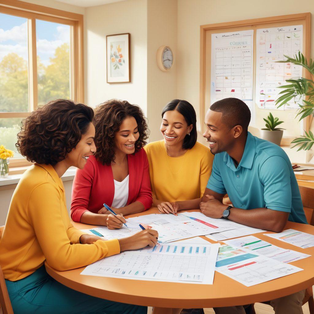 A family gathered around a table, discussing important documents and plans for medical leave, with a sense of unity and support. Background features soft waves symbolizing the emotional journey of navigating employee benefits. Include a calendar in the foreground with highlighted dates and diverse family members showcasing different ethnicities. bright colors. modern illustration. cozy and inviting atmosphere.